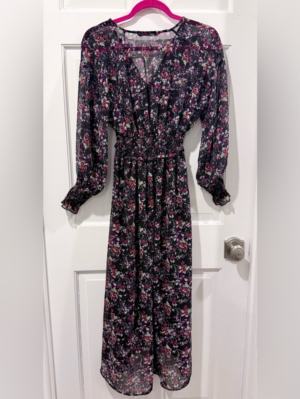 Zara Black Floral Chiffon Long Sleeve Dress  Size XS